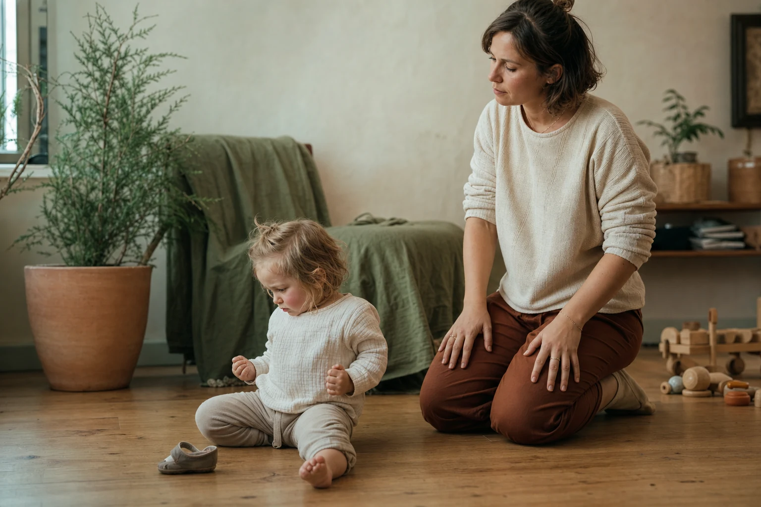 Parent kneeling calmly at eye level with a toddler during a challenging moment in a warm living room-steady presence, not crisis.
